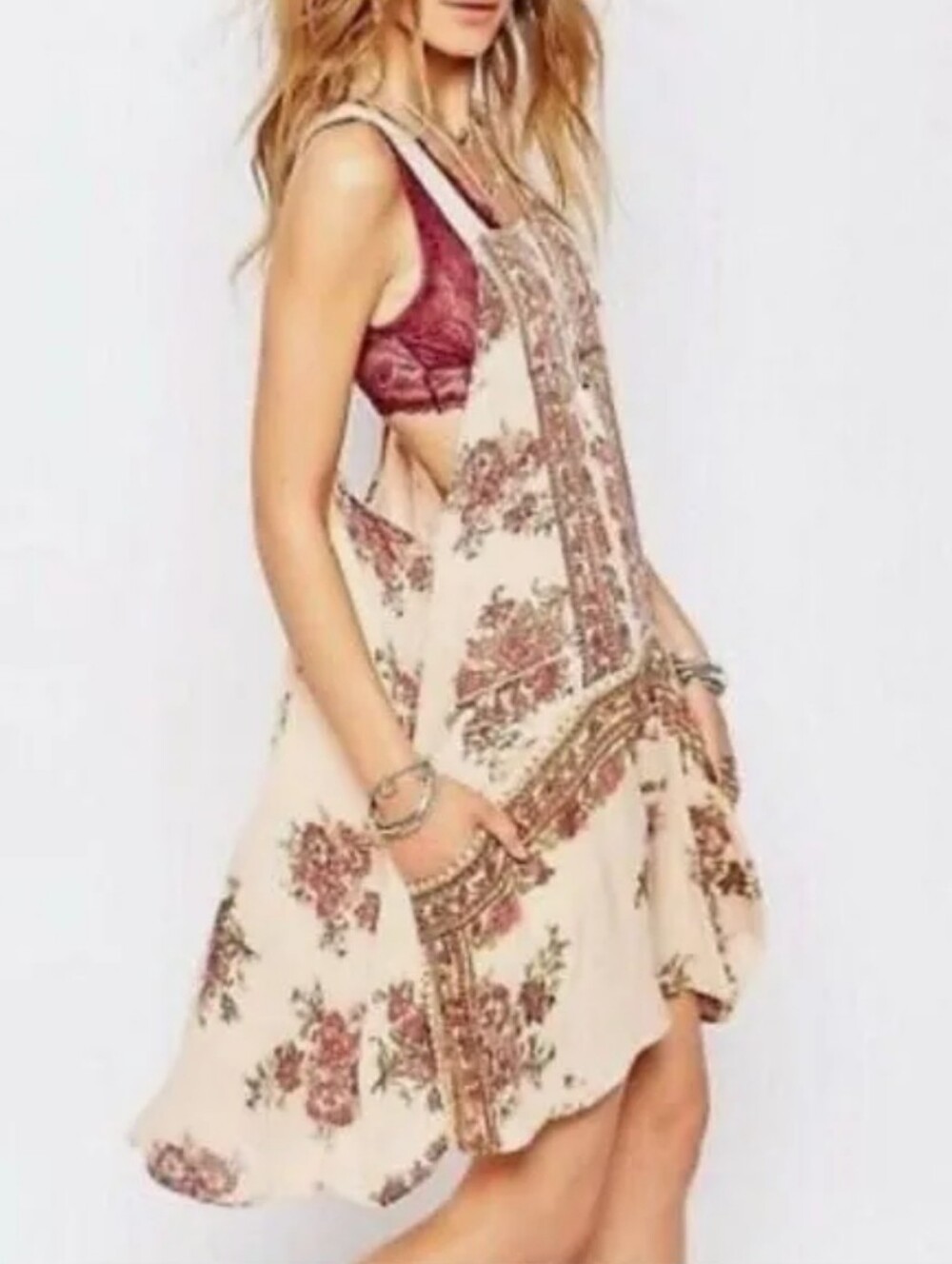 Free People Boho Floral Cream Sundress with Burgundy Accents Small